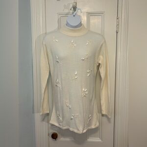 Cream mock neck embroidered tunic sweater L